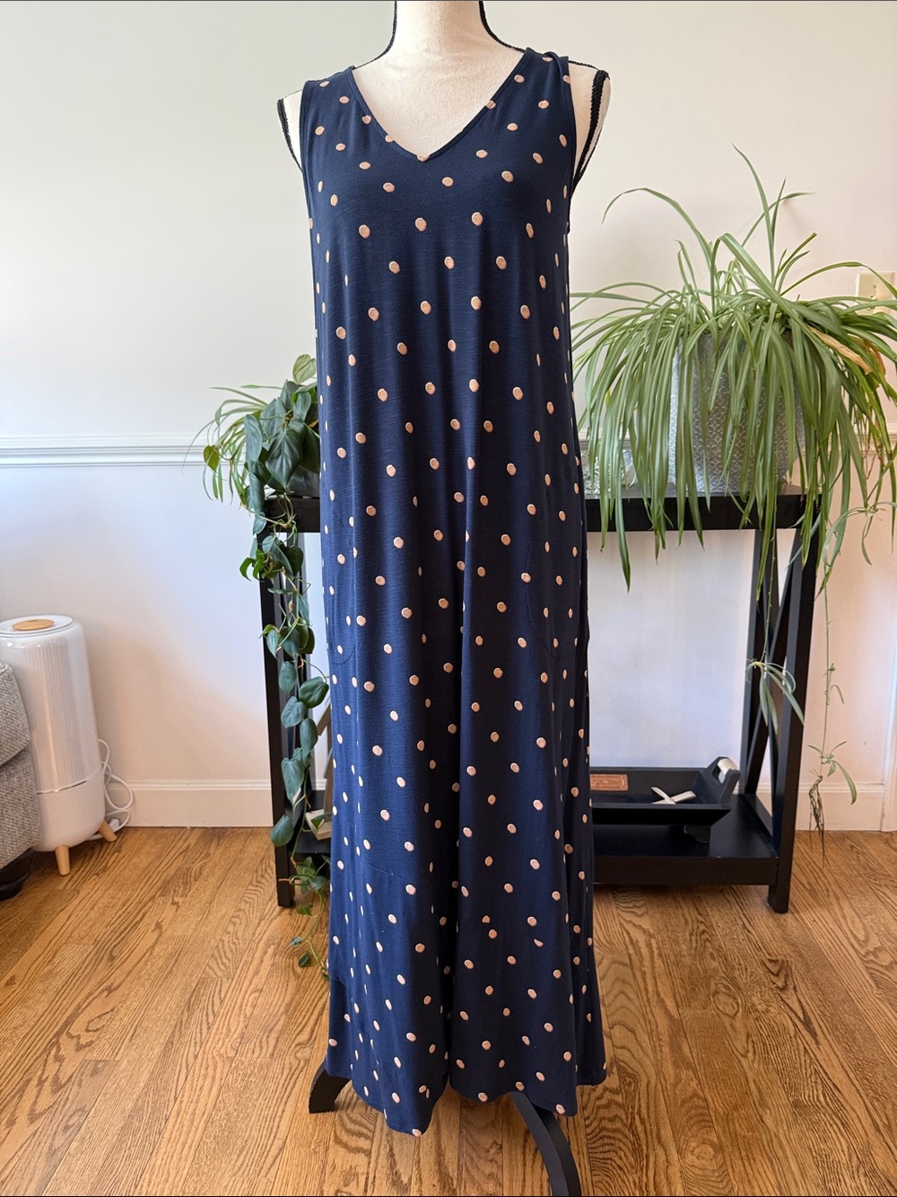 J. Jill Navy Maxi Dress with Beige Polka Dots